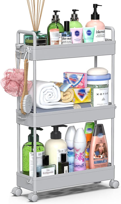 3 Tier Slim Rolling Storage Cart Organizer with Wheels, Gray