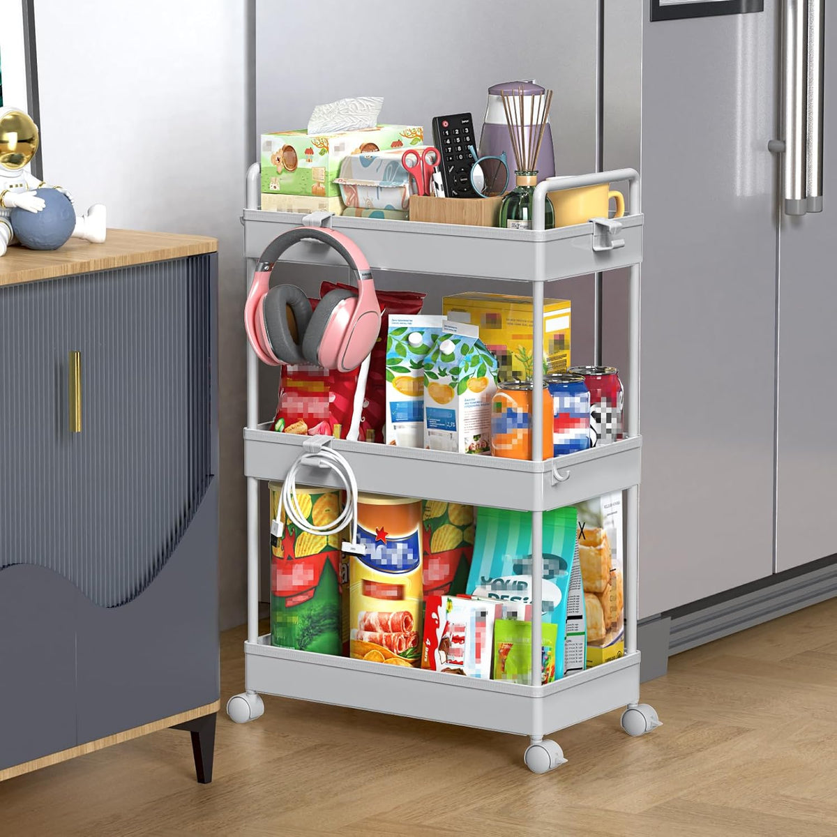 3 Tier Slim Rolling Storage Cart Organizer with Wheels, Gray
