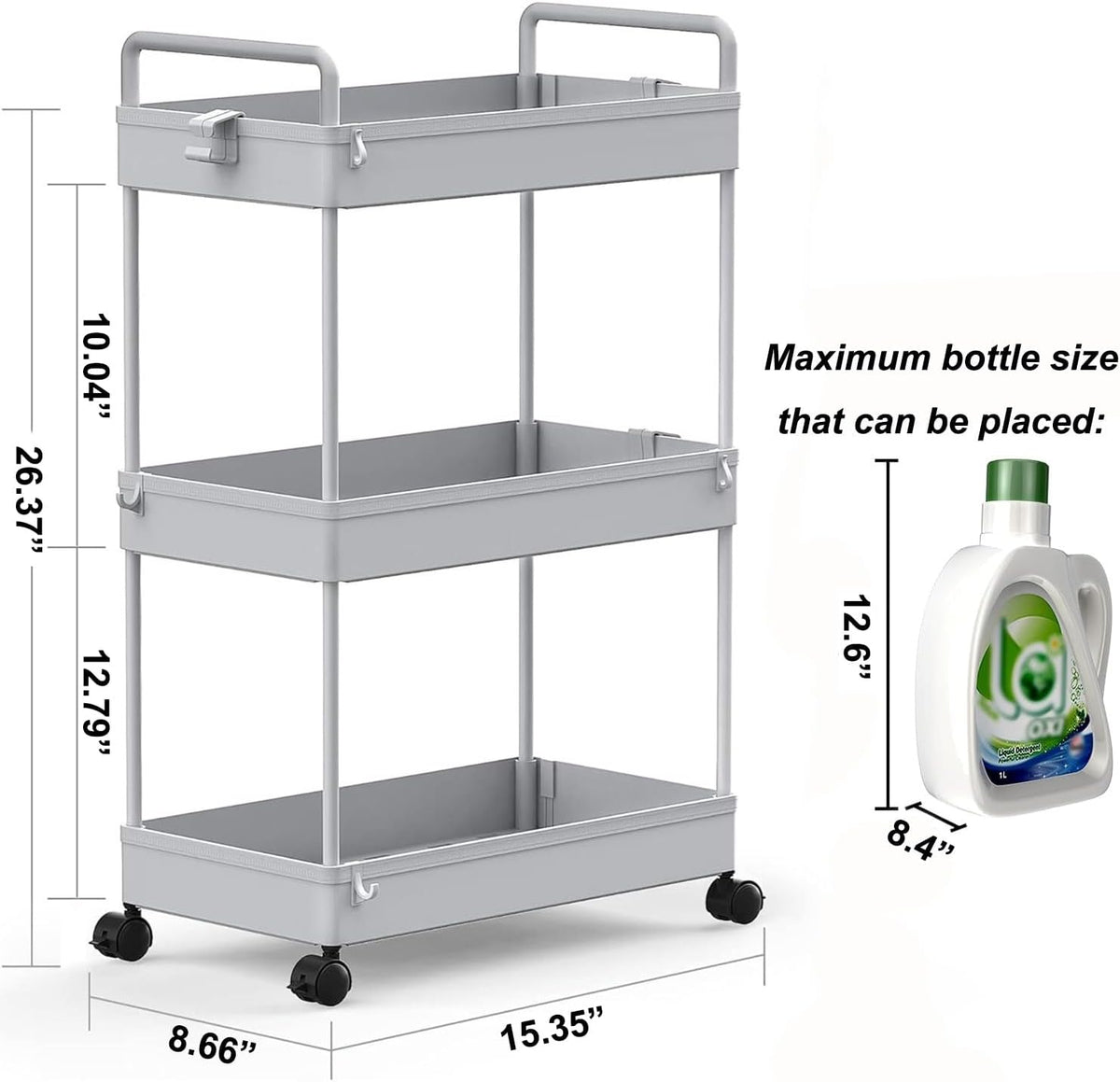 3 Tier Slim Rolling Storage Cart Organizer with Wheels, Gray