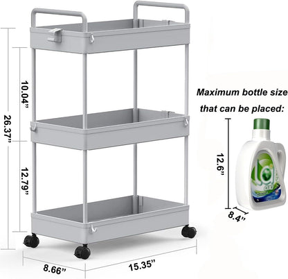 3 Tier Slim Rolling Storage Cart Organizer with Wheels, Gray