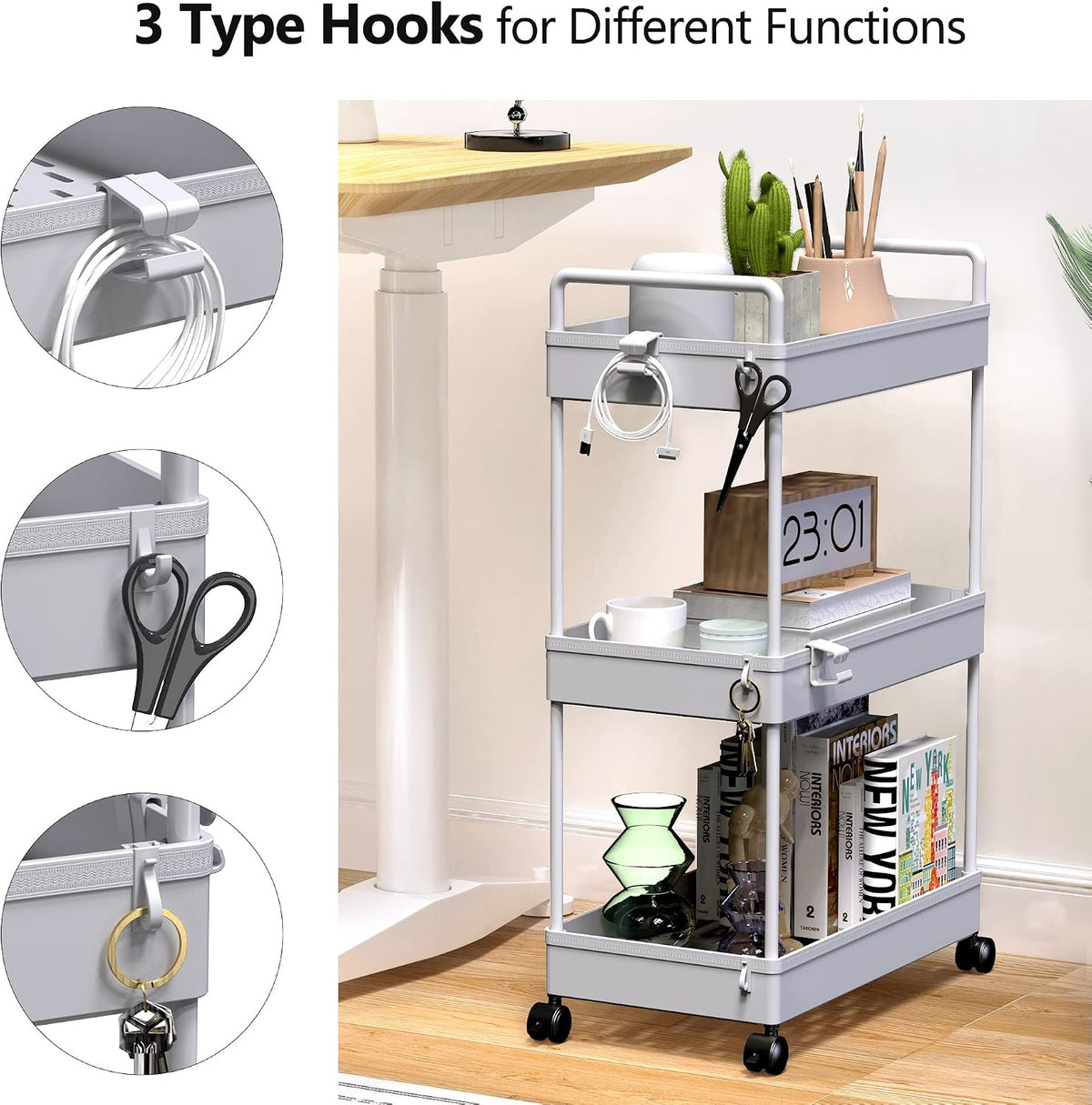 3 Tier Slim Rolling Storage Cart Organizer with Wheels, Gray
