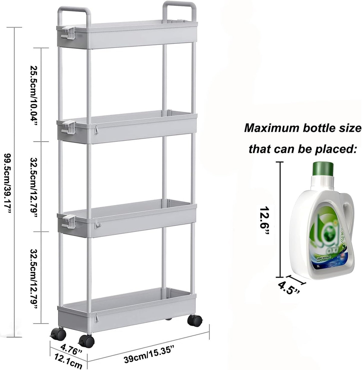 3 Tier Slim Rolling Storage Cart Organizer with Wheels, Gray