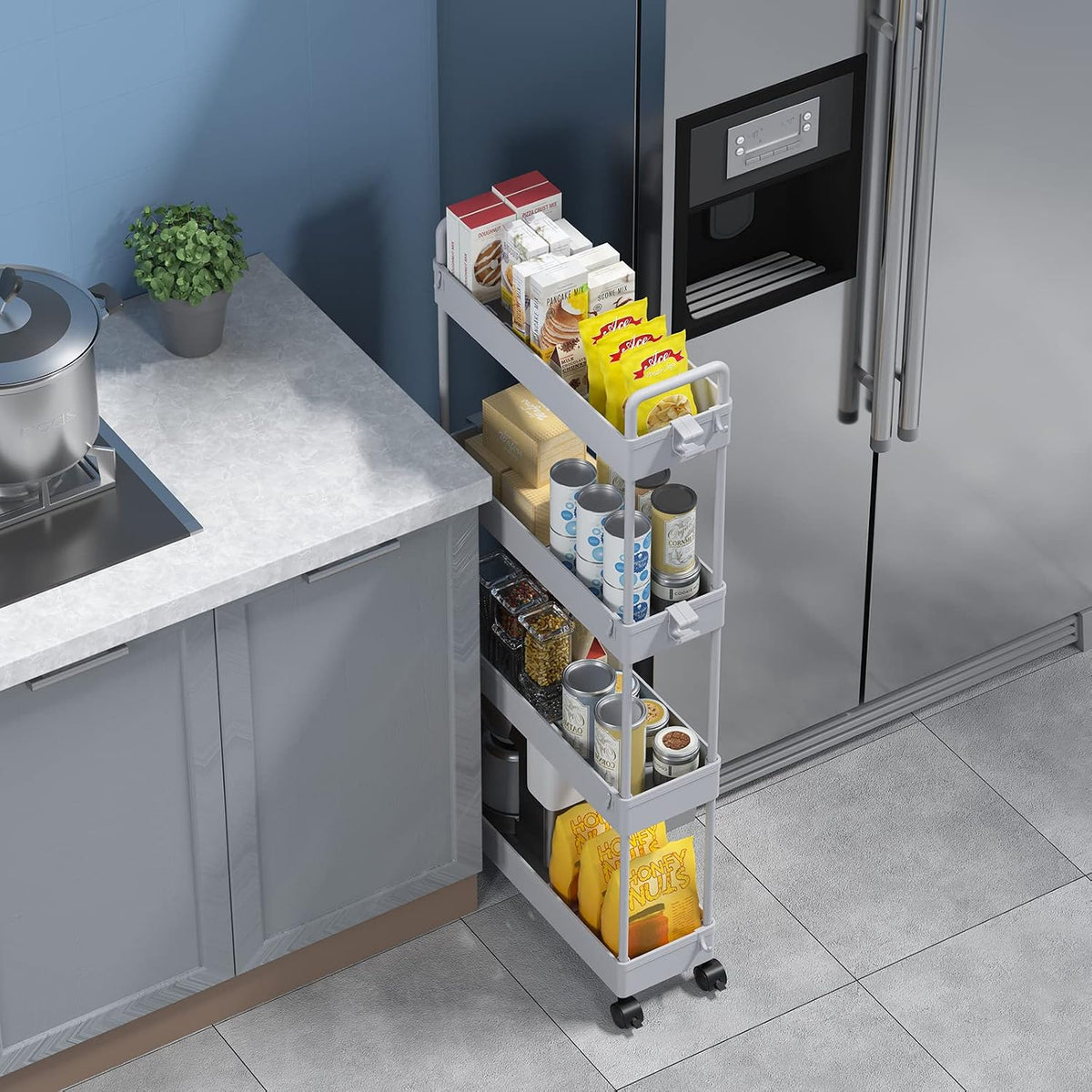 3 Tier Slim Rolling Storage Cart Organizer with Wheels, Gray
