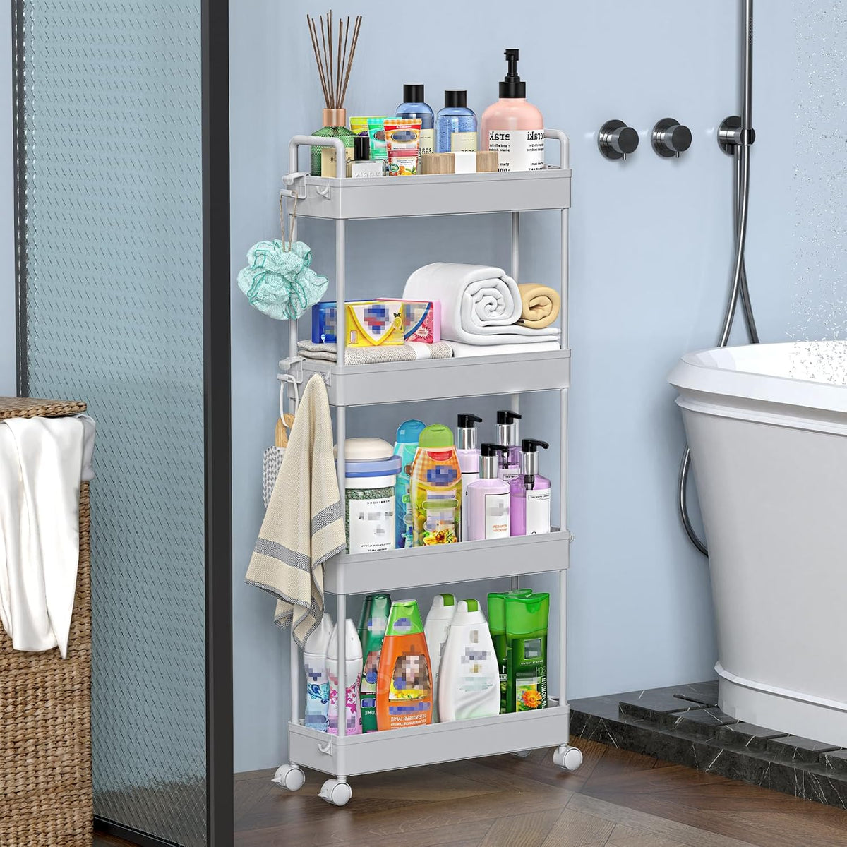 3 Tier Slim Rolling Storage Cart Organizer with Wheels, Gray
