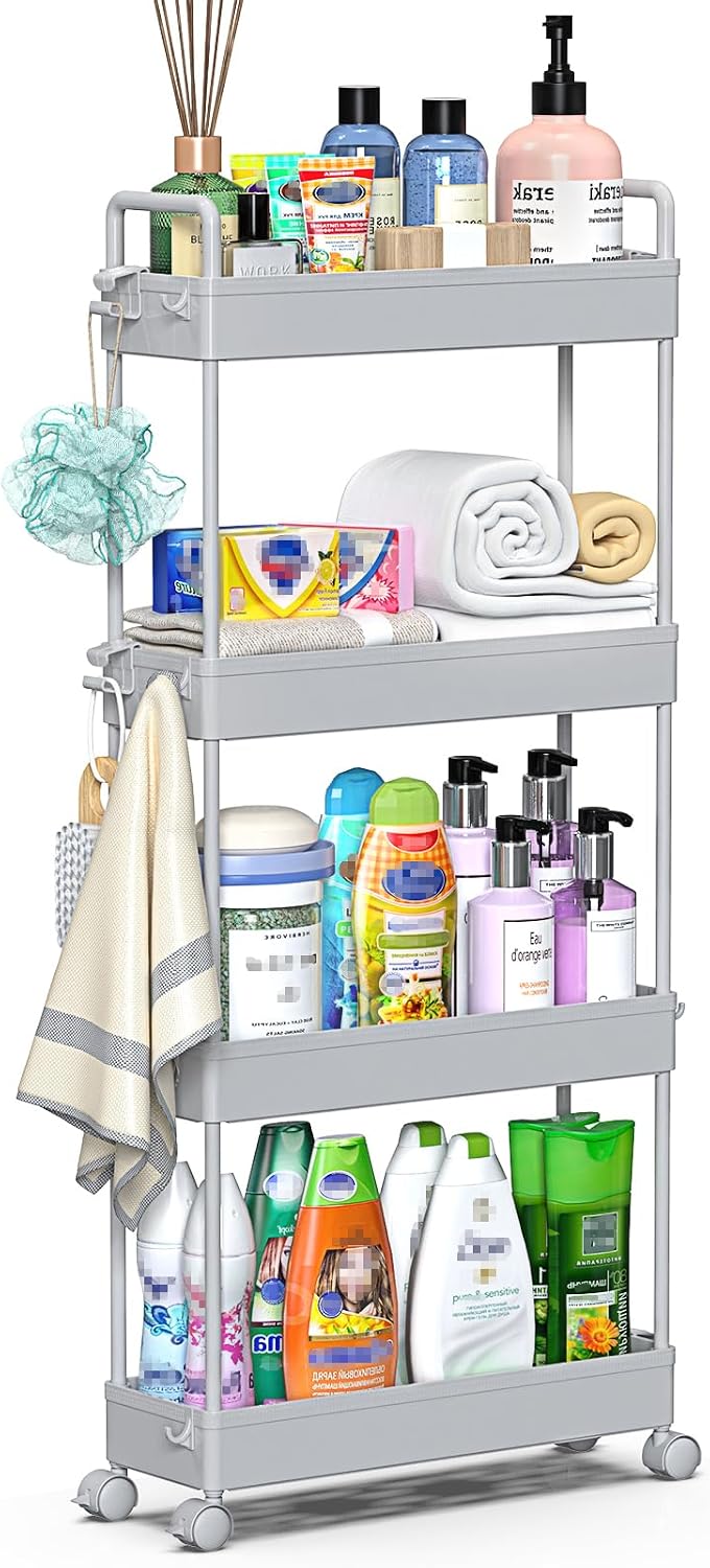 3 Tier Slim Rolling Storage Cart Organizer with Wheels, Gray