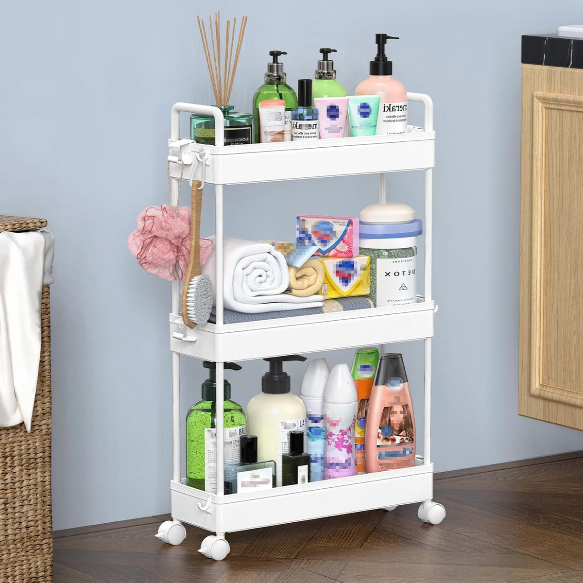 3 Tier Slim Rolling Storage Cart Organizer with Wheels, Gray