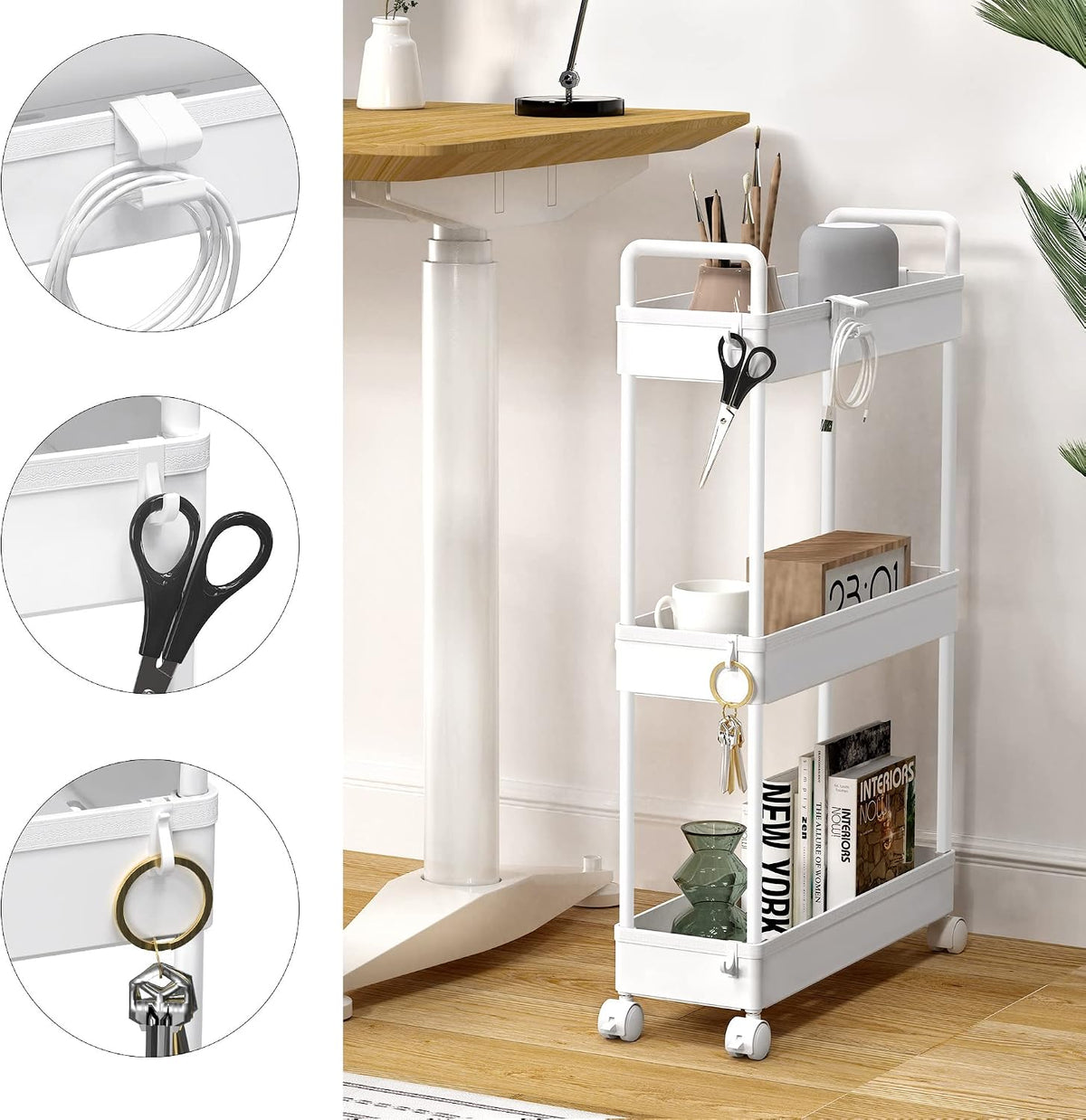 3 Tier Slim Rolling Storage Cart Organizer with Wheels, Gray