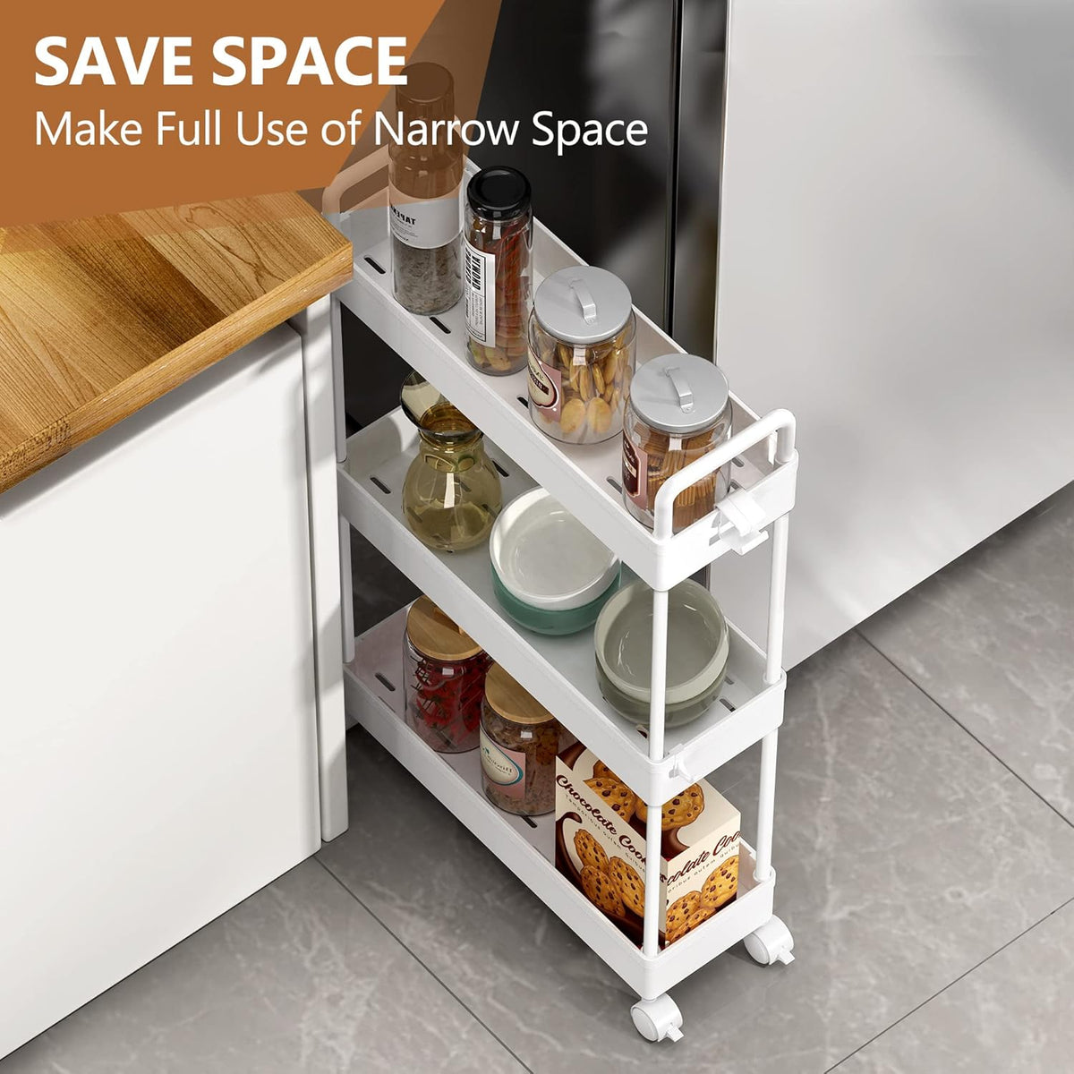 3 Tier Slim Rolling Storage Cart Organizer with Wheels, Gray