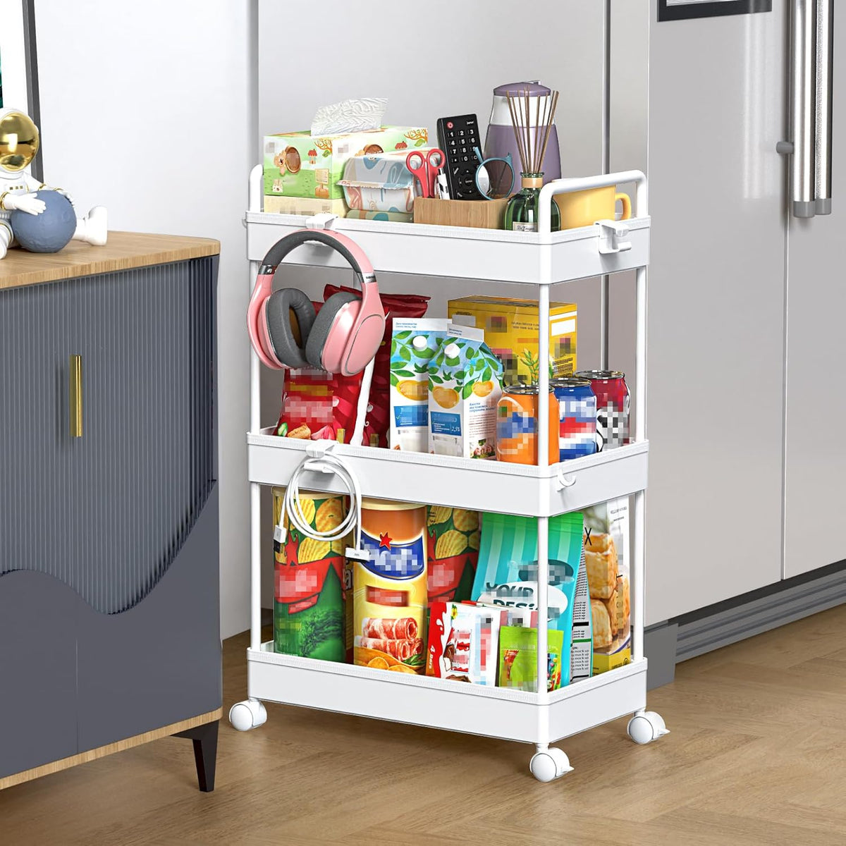 3 Tier Slim Rolling Storage Cart Organizer with Wheels, Gray