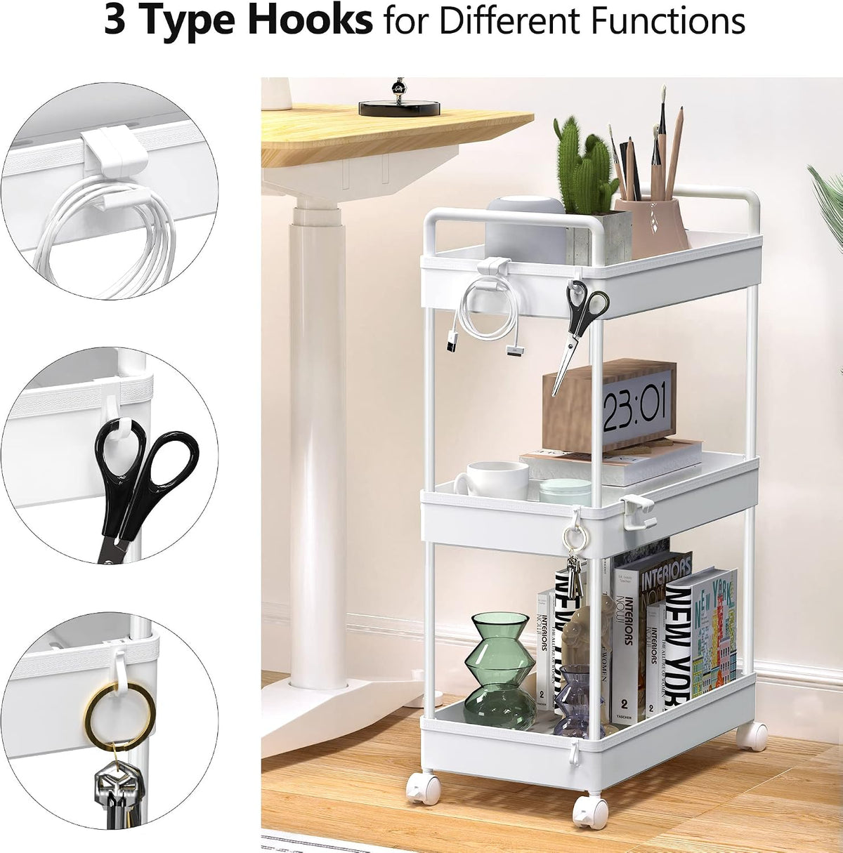 3 Tier Slim Rolling Storage Cart Organizer with Wheels, Gray