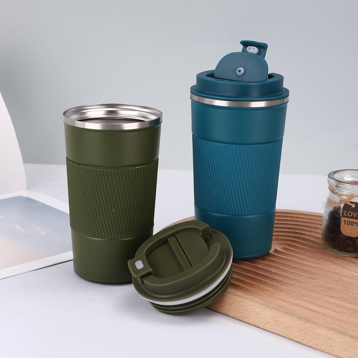 Stainless Steel Insulated Travel Coffee Mug Flip up Tumbler, Double Wall Leak Proof Vacuum Cup Keep Drink Cold and Hot (Blue, 17 Ounces)