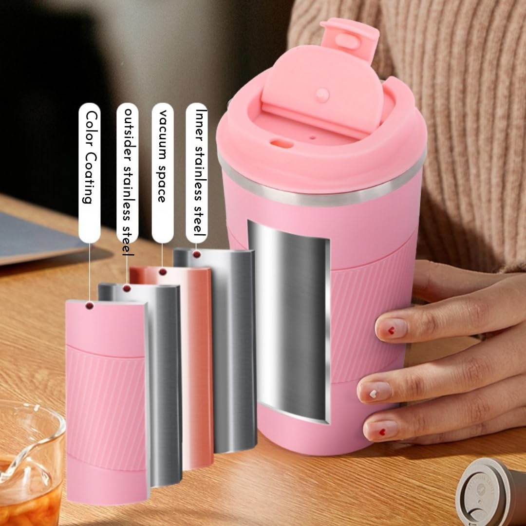 Stainless Steel Insulated Travel Coffee Mug Flip up Tumbler, Double Wall Leak Proof Vacuum Cup Keep Drink Cold and Hot (Blue, 17 Ounces)