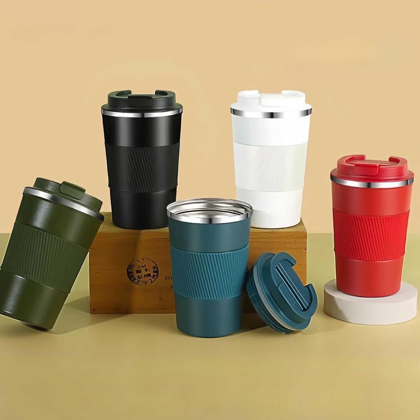 Stainless Steel Insulated Travel Coffee Mug Flip up Tumbler, Double Wall Leak Proof Vacuum Cup Keep Drink Cold and Hot (Blue, 17 Ounces)