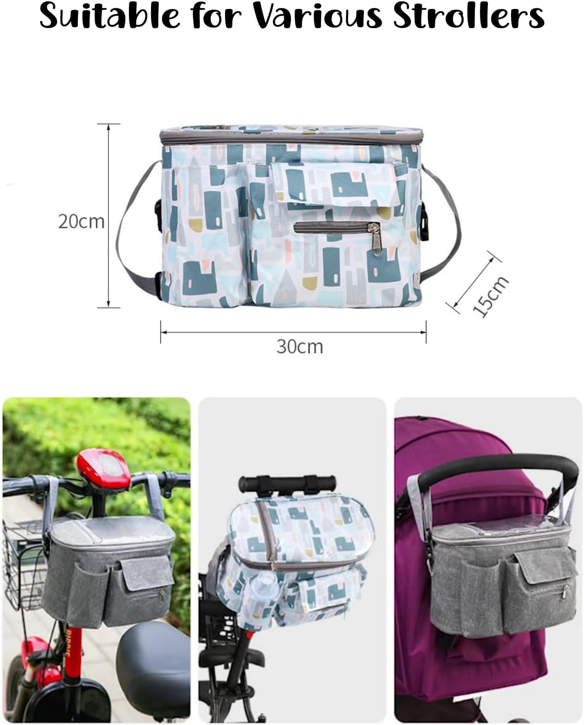 Universal Stroller Organizer with Cup Holder Waterproof Phone Pouch Adjustable Strap, Stroller Bag Caddy Organizer, Fits for Uppababy, Baby Jogger, Doona, Britax (Aluminum Foil Lining, Gray)