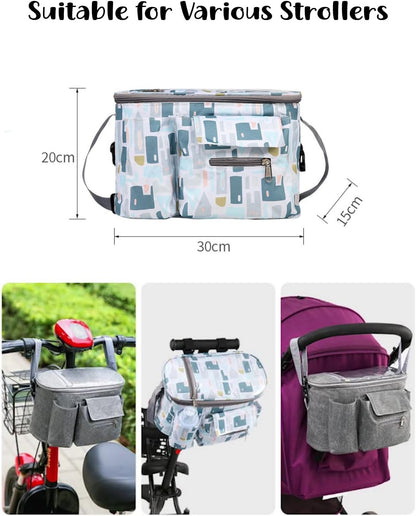 Universal Stroller Organizer with Cup Holder Waterproof Phone Pouch Adjustable Strap, Stroller Bag Caddy Organizer, Fits for Uppababy, Baby Jogger, Doona, Britax (Aluminum Foil Lining, Gray)