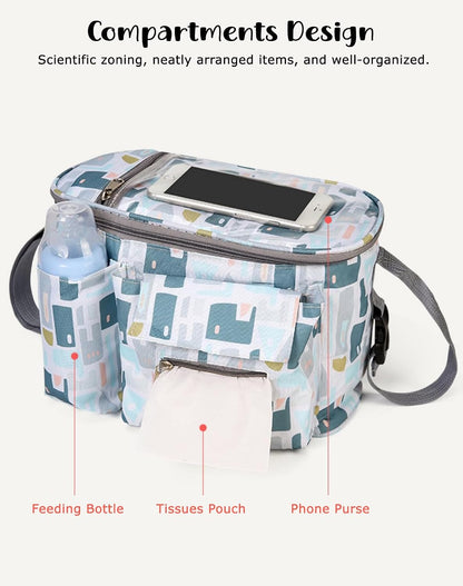 Universal Stroller Organizer with Cup Holder Waterproof Phone Pouch Adjustable Strap, Stroller Bag Caddy Organizer, Fits for Uppababy, Baby Jogger, Doona, Britax (Aluminum Foil Lining, Gray)