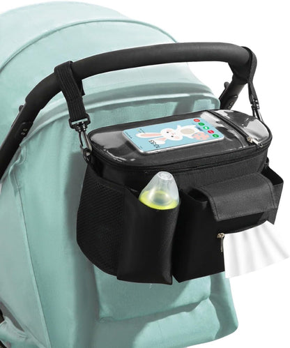 Universal Stroller Organizer with Cup Holder Waterproof Phone Pouch Adjustable Strap, Stroller Bag Caddy Organizer, Fits for Uppababy, Baby Jogger, Doona, Britax (Aluminum Foil Lining, Gray)