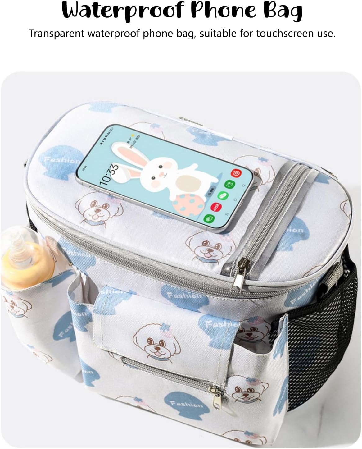 Universal Stroller Organizer with Cup Holder Waterproof Phone Pouch Adjustable Strap, Stroller Bag Caddy Organizer, Fits for Uppababy, Baby Jogger, Doona, Britax (Aluminum Foil Lining, Gray)