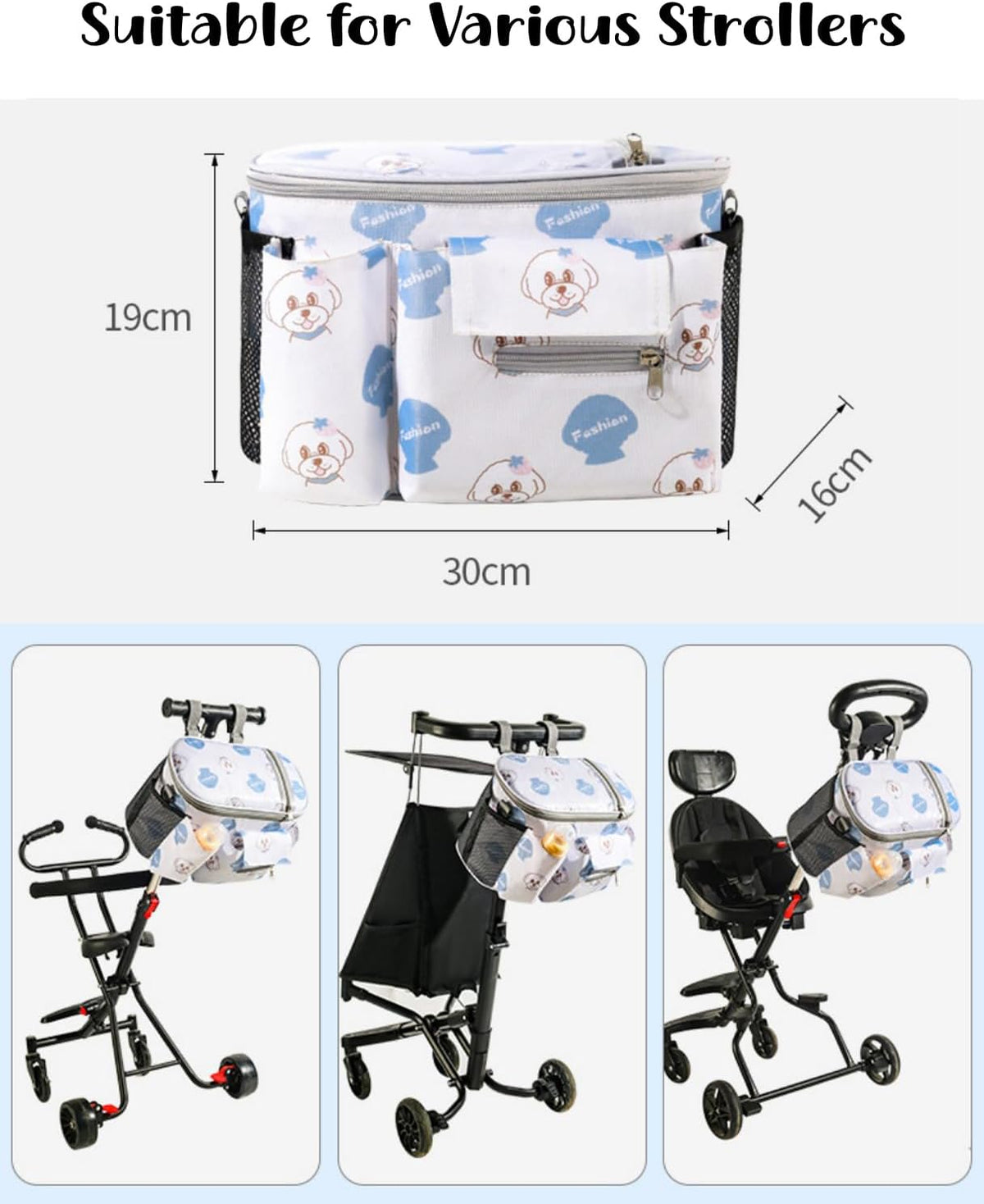 Universal Stroller Organizer with Cup Holder Waterproof Phone Pouch Adjustable Strap, Stroller Bag Caddy Organizer, Fits for Uppababy, Baby Jogger, Doona, Britax (Aluminum Foil Lining, Gray)