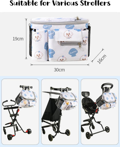 Universal Stroller Organizer with Cup Holder Waterproof Phone Pouch Adjustable Strap, Stroller Bag Caddy Organizer, Fits for Uppababy, Baby Jogger, Doona, Britax (Aluminum Foil Lining, Gray)