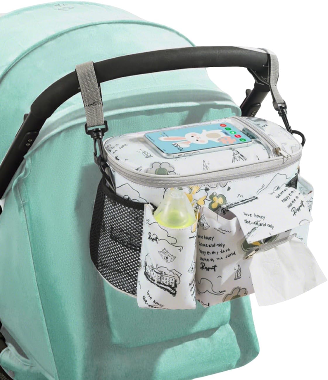 Universal Stroller Organizer with Cup Holder Waterproof Phone Pouch Adjustable Strap, Stroller Bag Caddy Organizer, Fits for Uppababy, Baby Jogger, Doona, Britax (Aluminum Foil Lining, Gray)