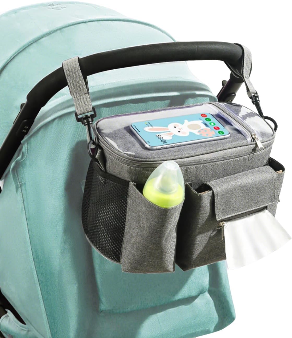 Universal Stroller Organizer with Cup Holder Waterproof Phone Pouch Adjustable Strap, Stroller Bag Caddy Organizer, Fits for Uppababy, Baby Jogger, Doona, Britax (Aluminum Foil Lining, Gray)