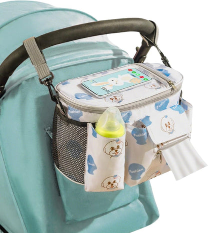 Universal Stroller Organizer with Cup Holder Waterproof Phone Pouch Adjustable Strap, Stroller Bag Caddy Organizer, Fits for Uppababy, Baby Jogger, Doona, Britax (Aluminum Foil Lining, Gray)
