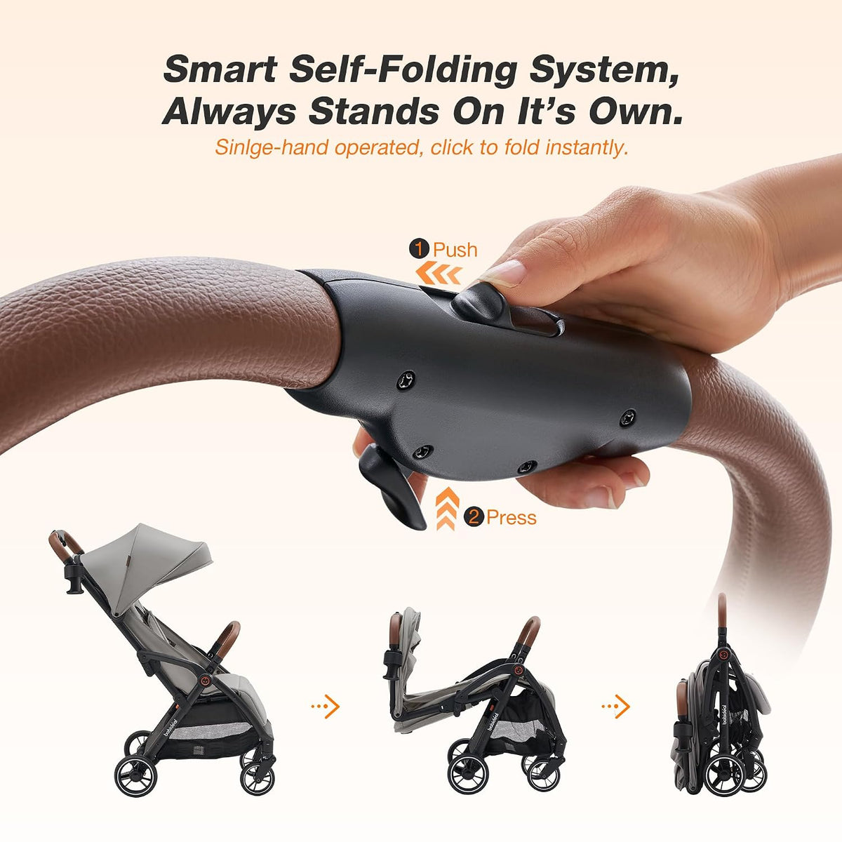 Baby Stroller, Auto-Fold Lightweight Travel Stroller for Airplane, Compact Toddler Pushchair with PU Leather Handle, Newborn to 50 lbs, Grey