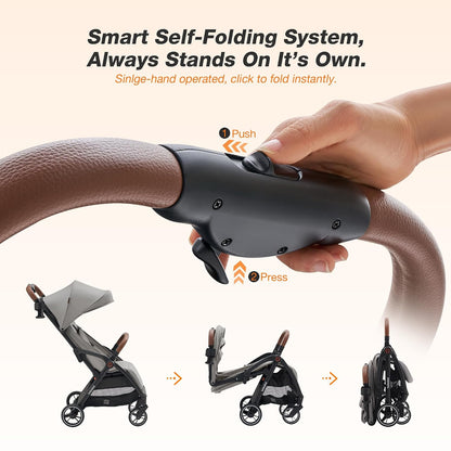 Baby Stroller, Auto-Fold Lightweight Travel Stroller for Airplane, Compact Toddler Pushchair with PU Leather Handle, Newborn to 50 lbs, Grey