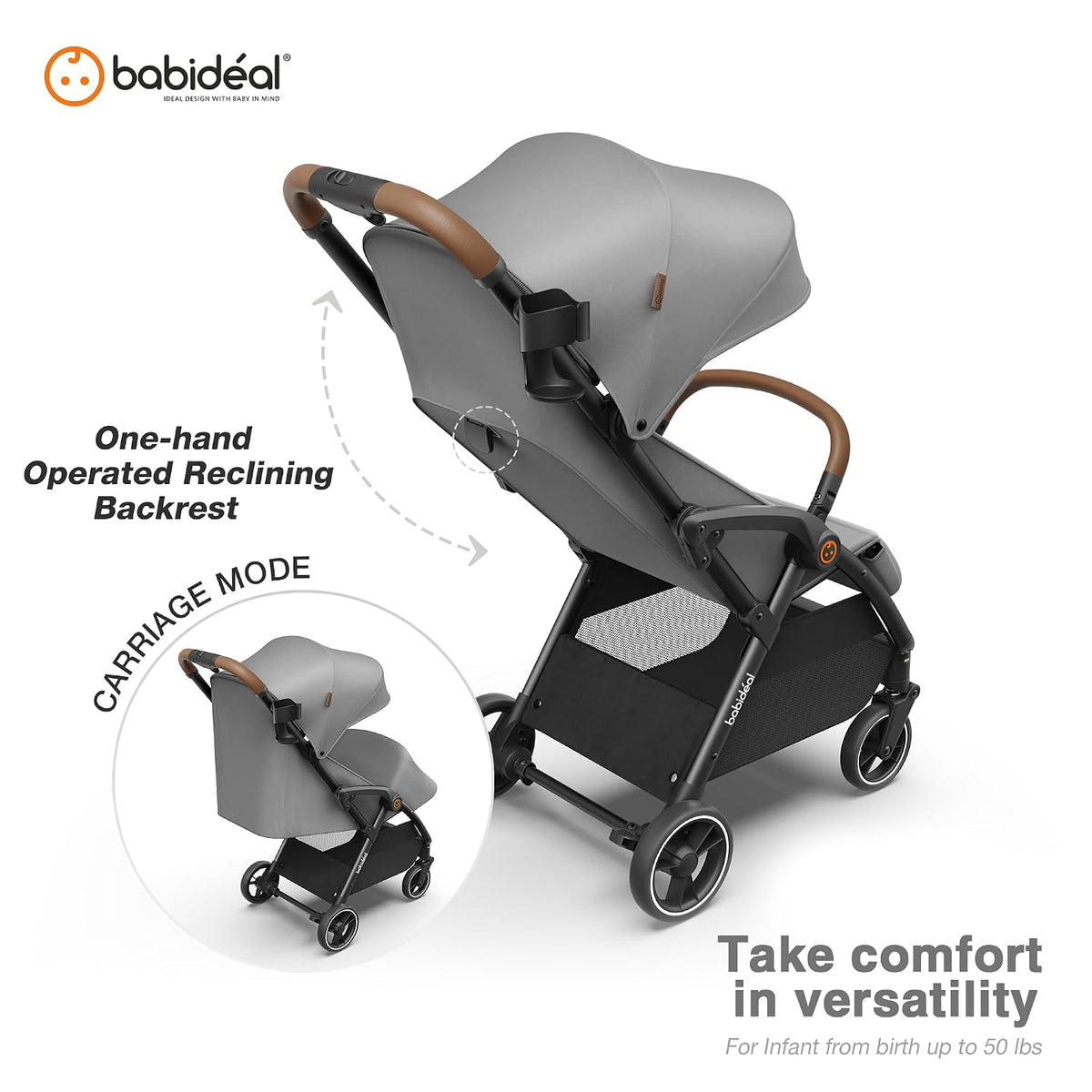 Baby Stroller, Auto-Fold Lightweight Travel Stroller for Airplane, Compact Toddler Pushchair with PU Leather Handle, Newborn to 50 lbs, Grey