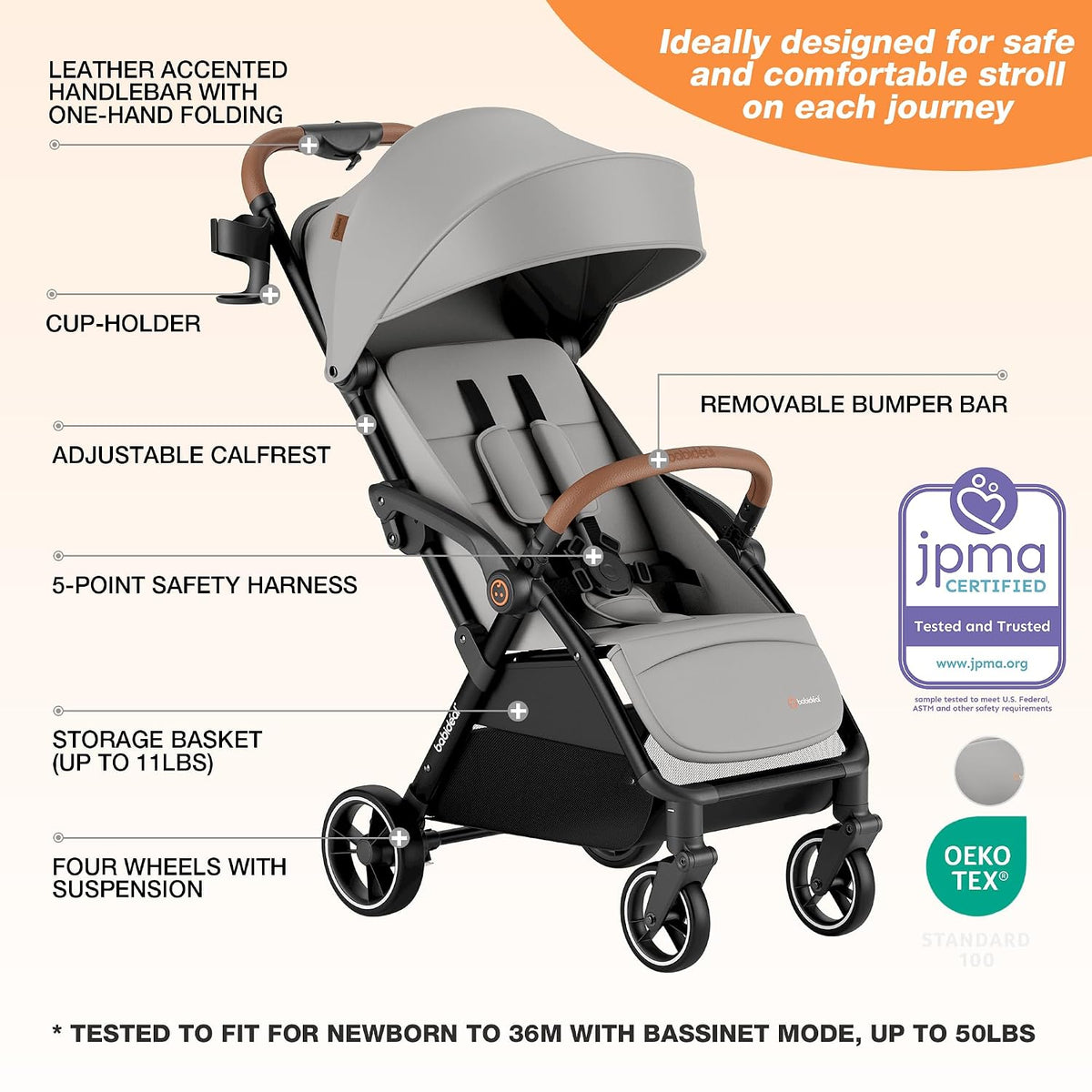 Baby Stroller, Auto-Fold Lightweight Travel Stroller for Airplane, Compact Toddler Pushchair with PU Leather Handle, Newborn to 50 lbs, Grey