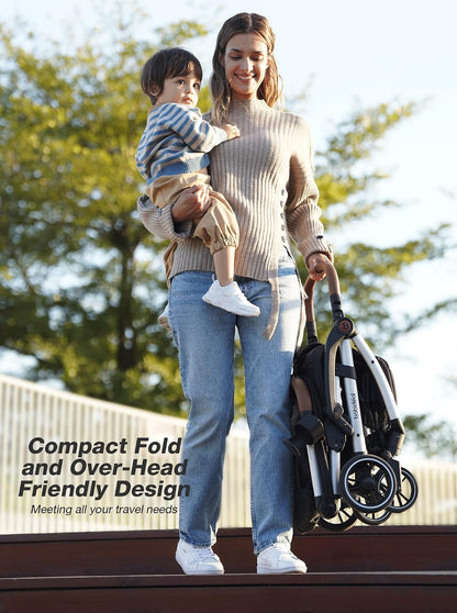 Baby Stroller, Auto-Fold Lightweight Travel Stroller for Airplane, Compact Toddler Pushchair with PU Leather Handle, Newborn to 50 lbs, Grey