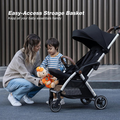 Baby Stroller, Auto-Fold Lightweight Travel Stroller for Airplane, Compact Toddler Pushchair with PU Leather Handle, Newborn to 50 lbs, Grey
