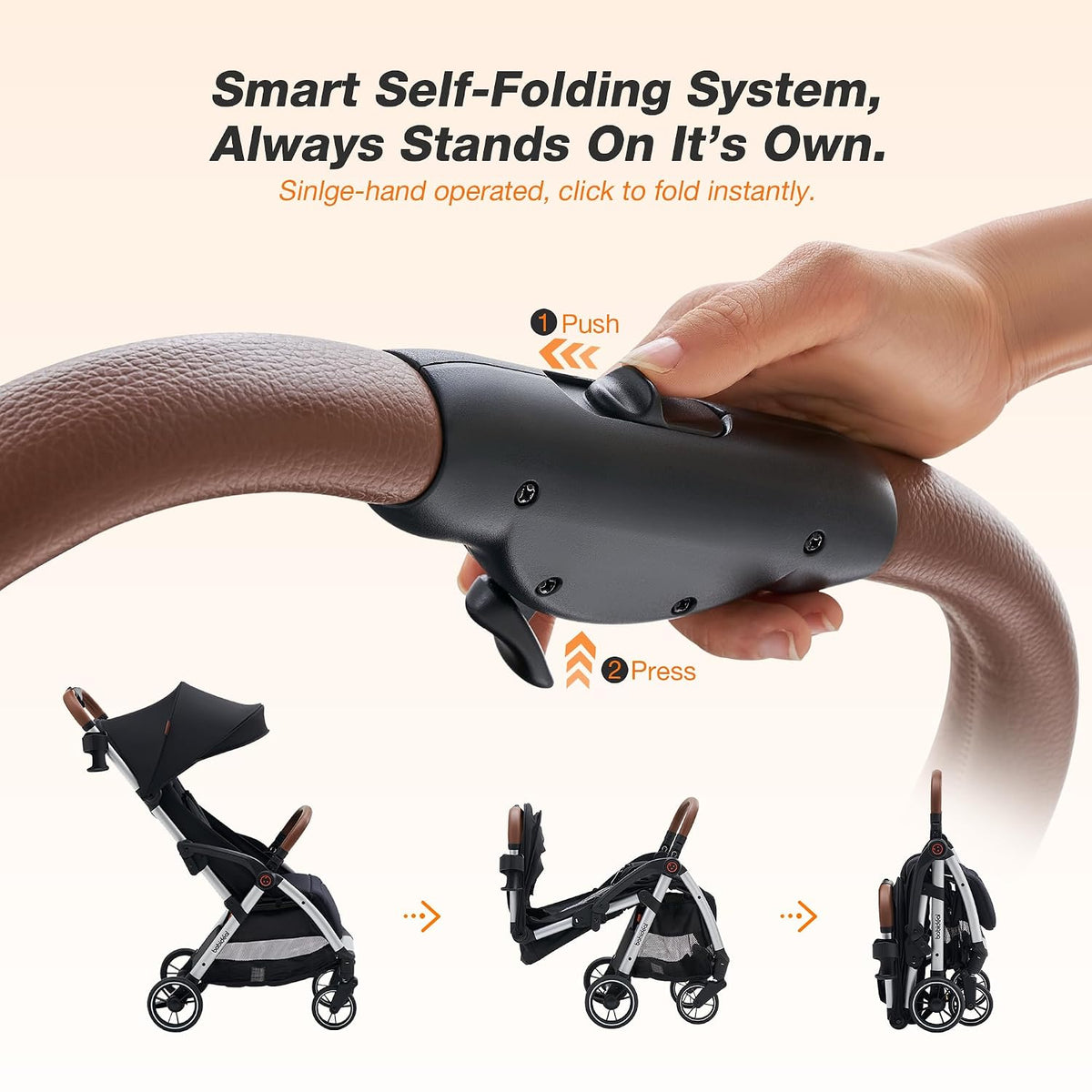 Baby Stroller, Auto-Fold Lightweight Travel Stroller for Airplane, Compact Toddler Pushchair with PU Leather Handle, Newborn to 50 lbs, Grey