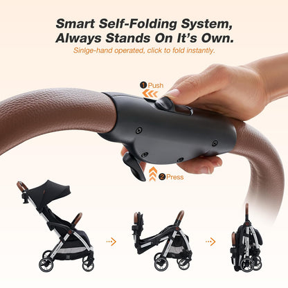 Baby Stroller, Auto-Fold Lightweight Travel Stroller for Airplane, Compact Toddler Pushchair with PU Leather Handle, Newborn to 50 lbs, Grey