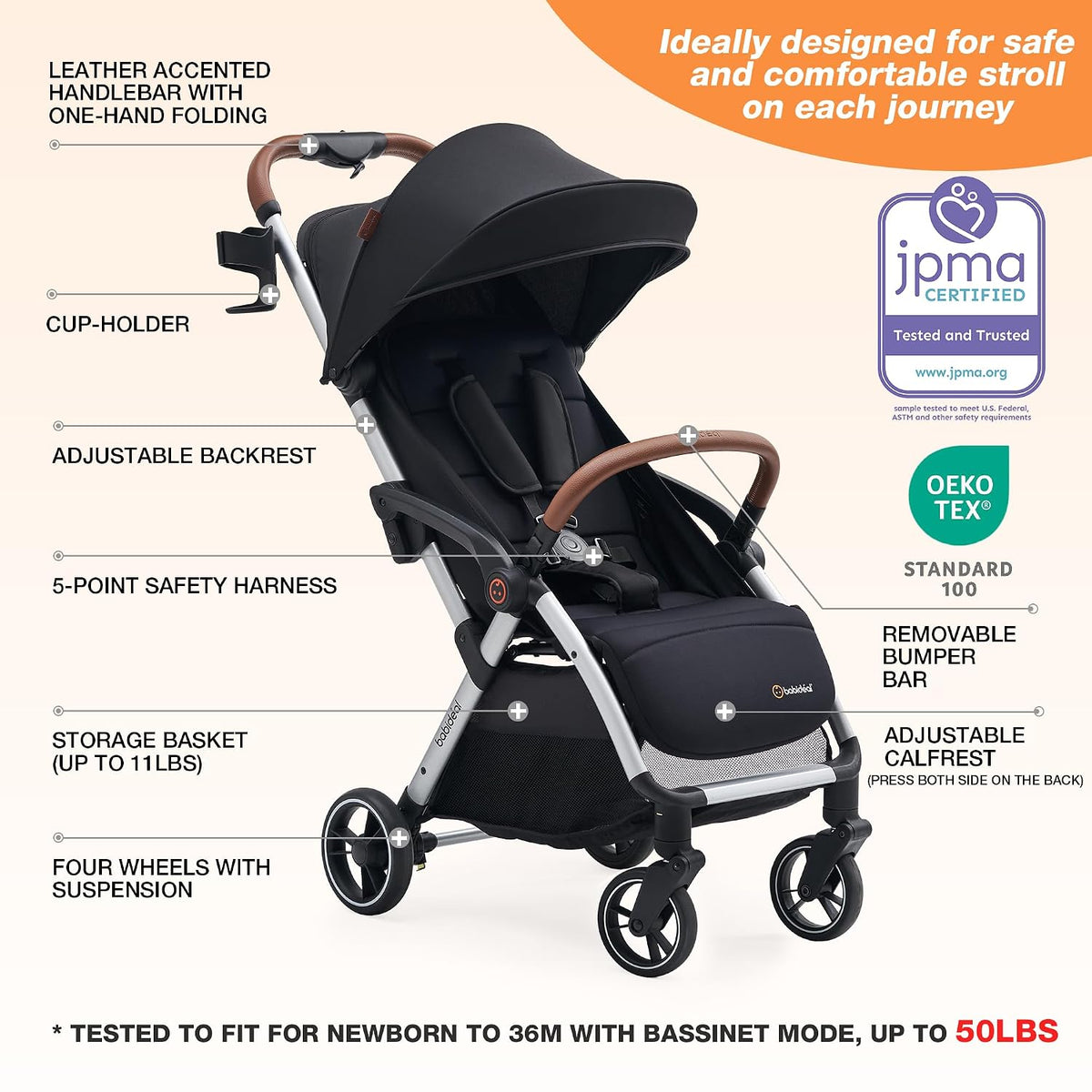 Baby Stroller, Auto-Fold Lightweight Travel Stroller for Airplane, Compact Toddler Pushchair with PU Leather Handle, Newborn to 50 lbs, Grey