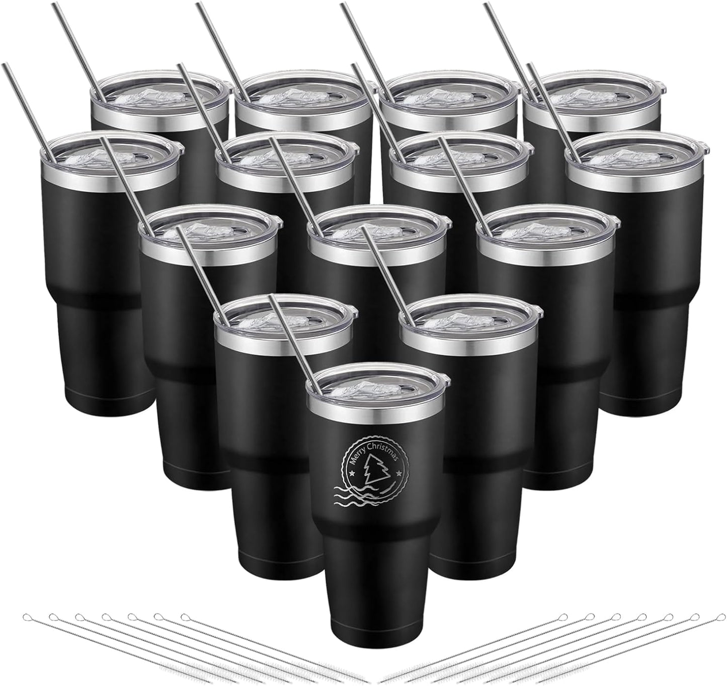14 Pack Insulated Tumbler Powder Coated Stainless Steel Double Wall Vacuum Travel Coffee Tumbler Cup with Lid and Straw for Laser Engrave DIY Gift 30oz Black