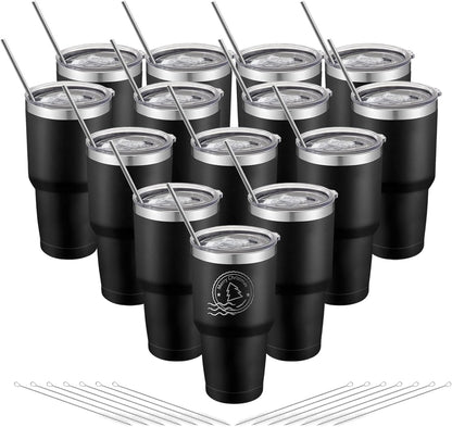 14 Pack Insulated Tumbler Powder Coated Stainless Steel Double Wall Vacuum Travel Coffee Tumbler Cup with Lid and Straw for Laser Engrave DIY Gift 30oz Black