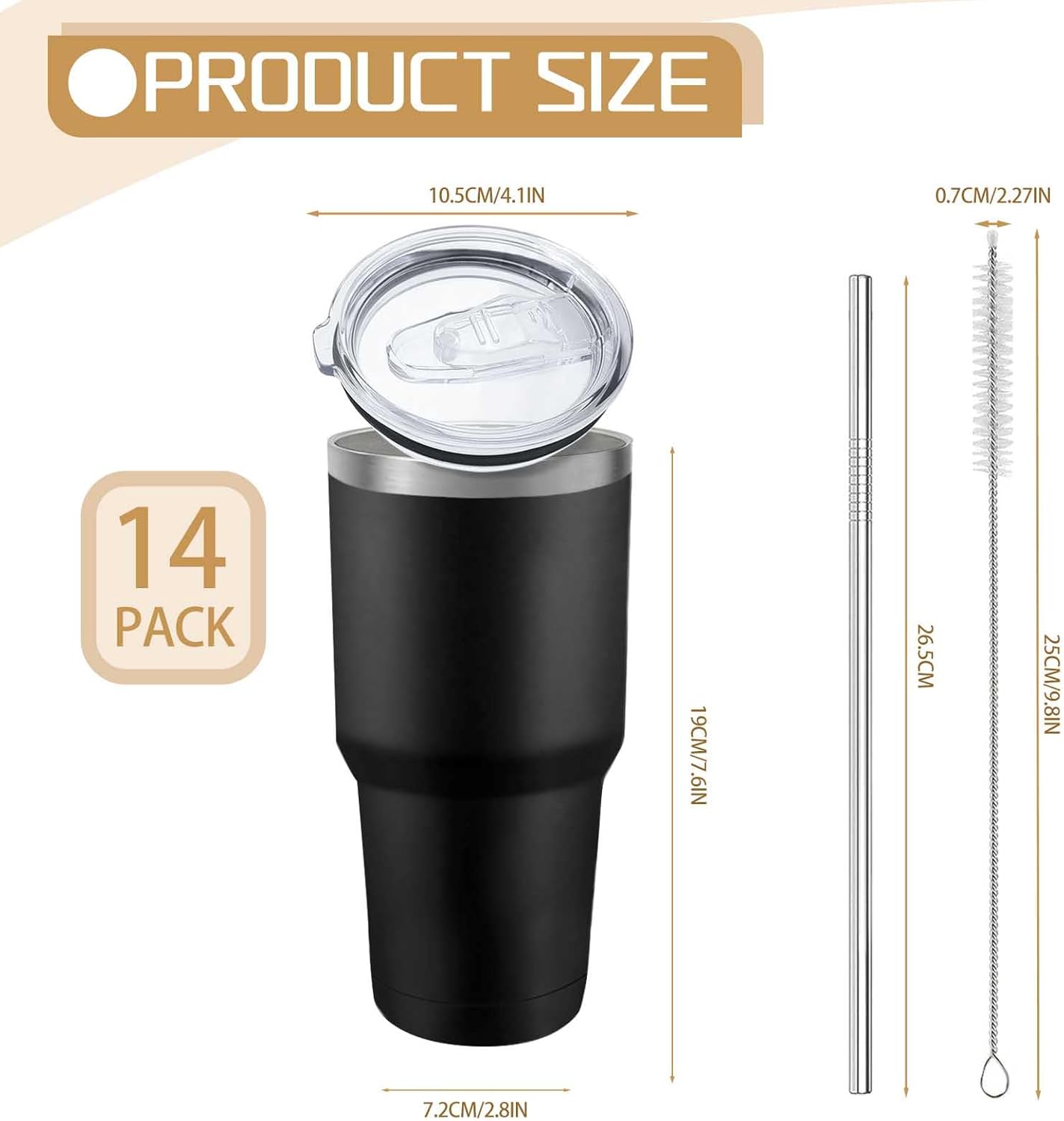 14 Pack Insulated Tumbler Powder Coated Stainless Steel Double Wall Vacuum Travel Coffee Tumbler Cup with Lid and Straw for Laser Engrave DIY Gift 30oz Black