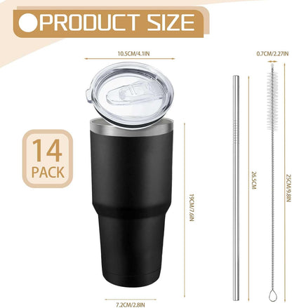 14 Pack Insulated Tumbler Powder Coated Stainless Steel Double Wall Vacuum Travel Coffee Tumbler Cup with Lid and Straw for Laser Engrave DIY Gift 30oz Black