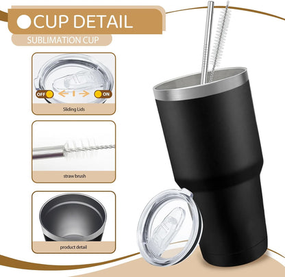 14 Pack Insulated Tumbler Powder Coated Stainless Steel Double Wall Vacuum Travel Coffee Tumbler Cup with Lid and Straw for Laser Engrave DIY Gift 30oz Black