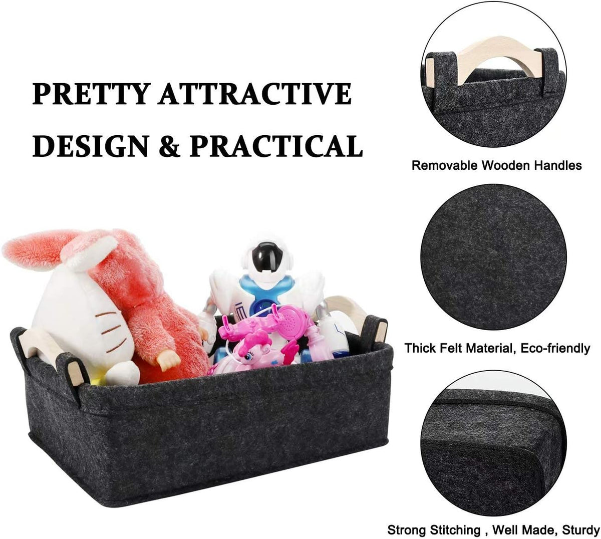Medium Storage Basket Shlef Low Storage Bin Rectangle Felt Fabric Baskets Storage Bins Organizer for Underwear Socks Bra Towel Toiletry Baby Products Storage Basket Light Gray