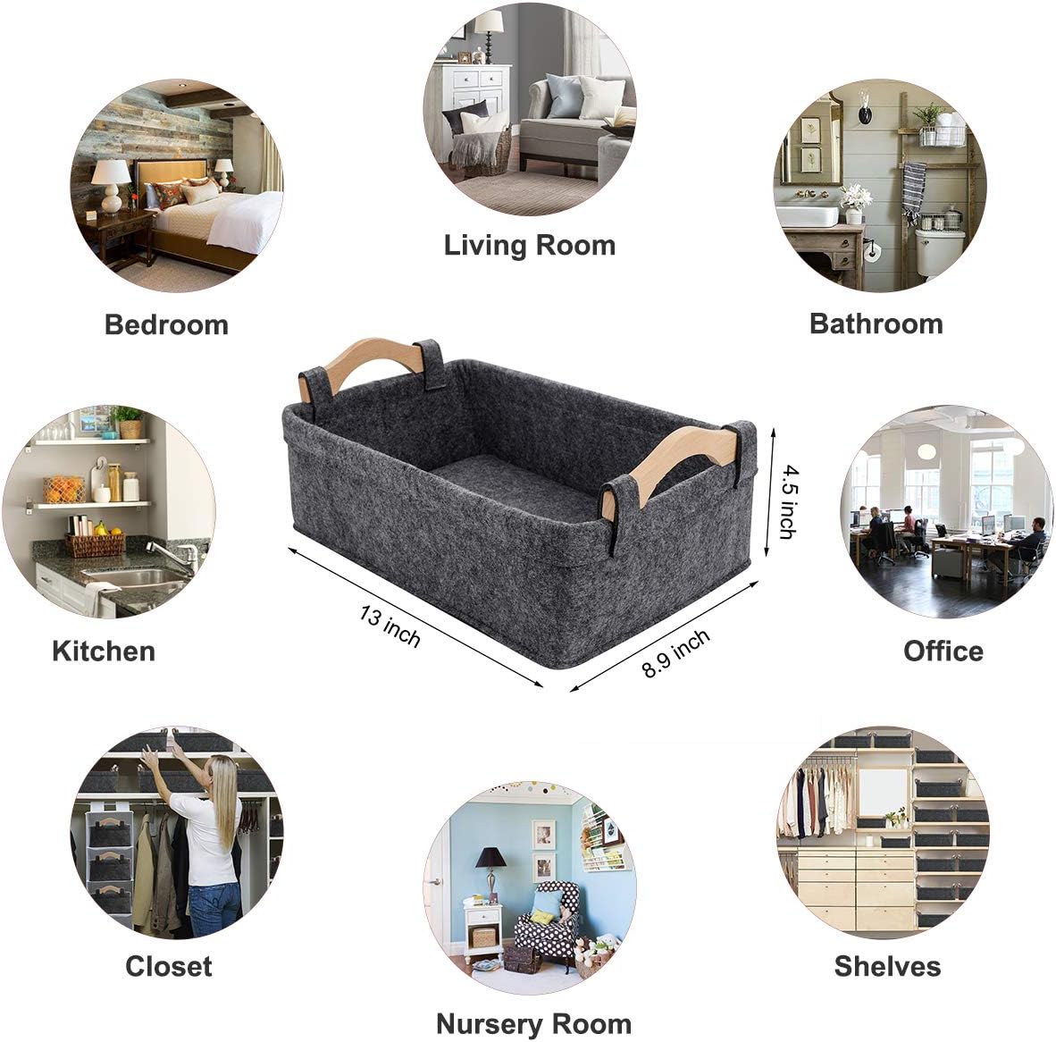 Medium Storage Basket Shlef Low Storage Bin Rectangle Felt Fabric Baskets Storage Bins Organizer for Underwear Socks Bra Towel Toiletry Baby Products Storage Basket Light Gray