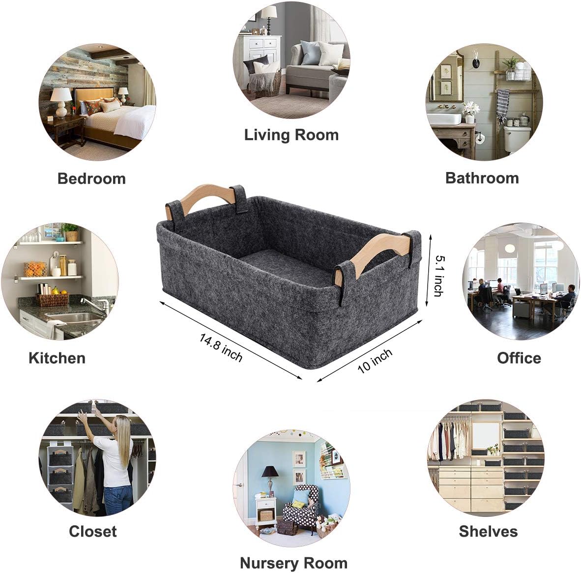Medium Storage Basket Shlef Low Storage Bin Rectangle Felt Fabric Baskets Storage Bins Organizer for Underwear Socks Bra Towel Toiletry Baby Products Storage Basket Light Gray
