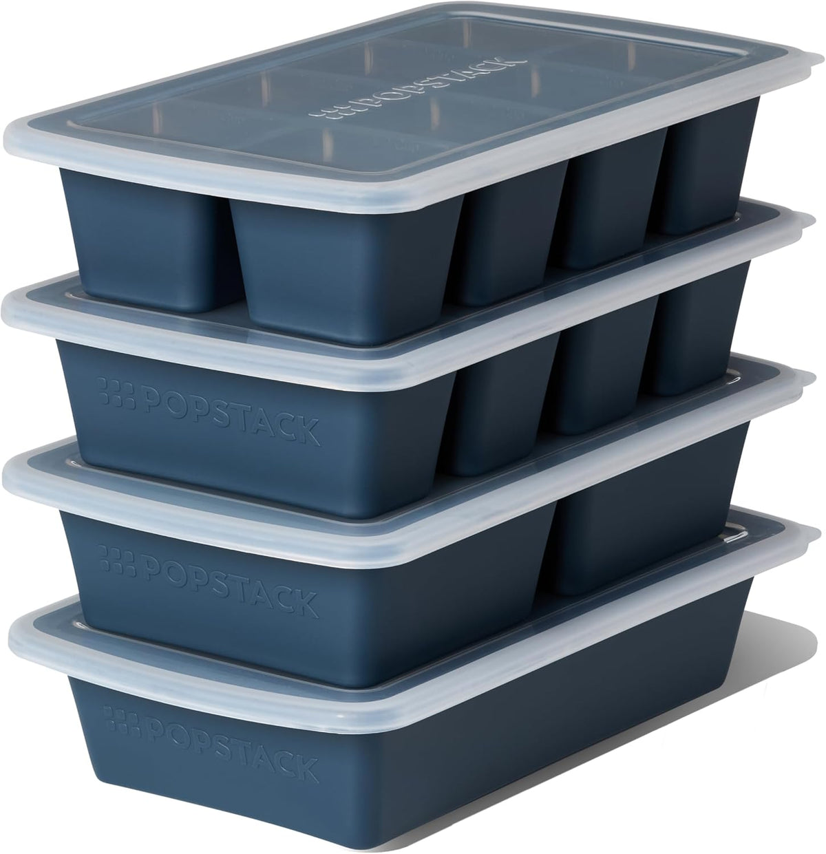 PopStack 8-Piece Silicone Freezer Molds with Lids – Platinum-Grade Silicone Food Storage Containers for Soup Cubes, Meal Prep & Freezer Storage – Microwave, Oven, Dishwasher & Freezer Safe – Dark Blue