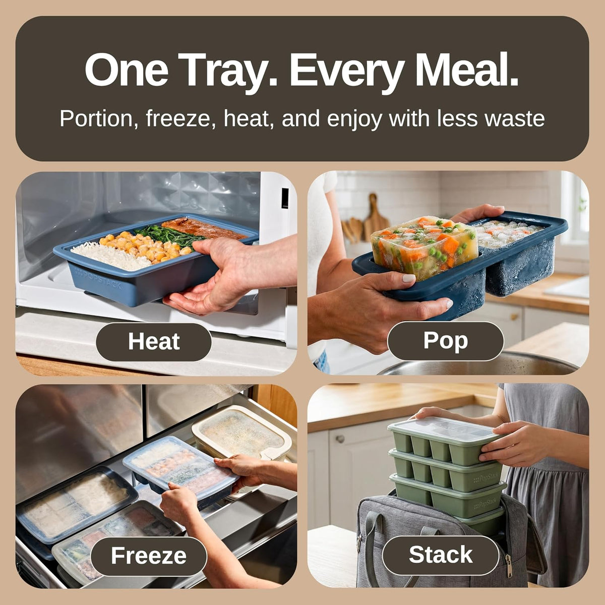 PopStack 8-Piece Silicone Freezer Molds with Lids – Platinum-Grade Silicone Food Storage Containers for Soup Cubes, Meal Prep & Freezer Storage – Microwave, Oven, Dishwasher & Freezer Safe – Dark Blue