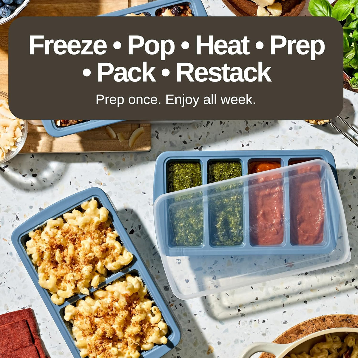 PopStack 8-Piece Silicone Freezer Molds with Lids – Platinum-Grade Silicone Food Storage Containers for Soup Cubes, Meal Prep & Freezer Storage – Microwave, Oven, Dishwasher & Freezer Safe – Dark Blue