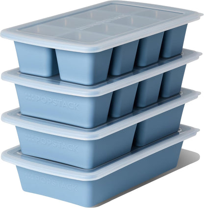 PopStack 8-Piece Silicone Freezer Molds with Lids – Platinum-Grade Silicone Food Storage Containers for Soup Cubes, Meal Prep & Freezer Storage – Microwave, Oven, Dishwasher & Freezer Safe – Dark Blue