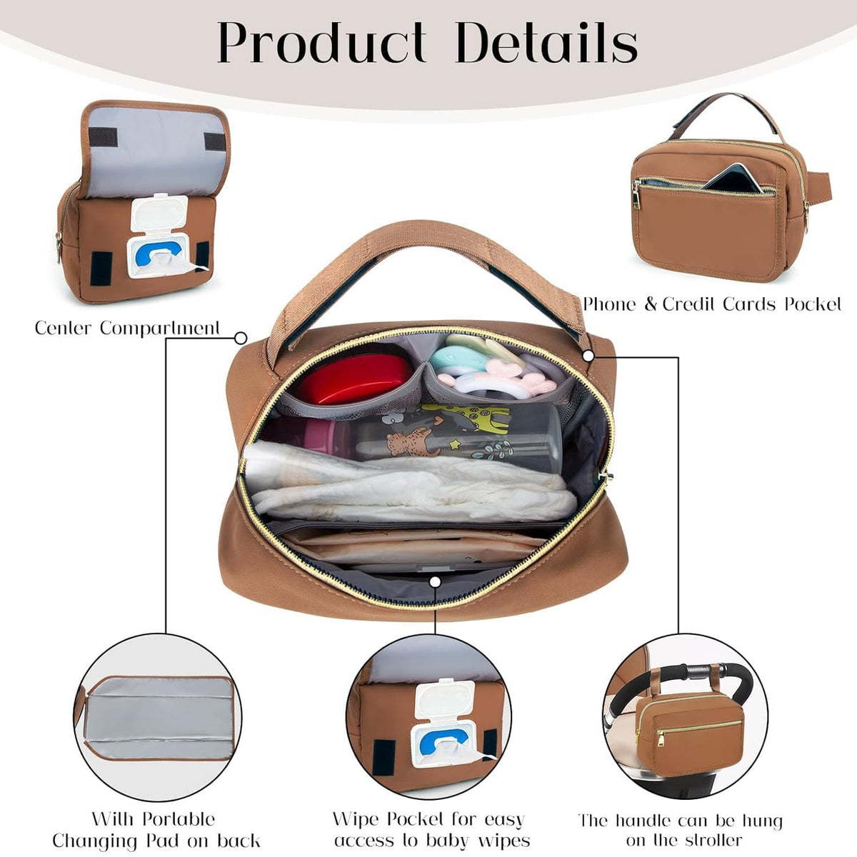 Small Diaper Bag with Portable Changing Pad, Crossbody Diaper Pack with Wipes Pocket, Women Waist Bag for Travel Stroller, Olive Green