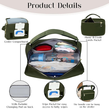 Small Diaper Bag with Portable Changing Pad, Crossbody Diaper Pack with Wipes Pocket, Women Waist Bag for Travel Stroller, Olive Green